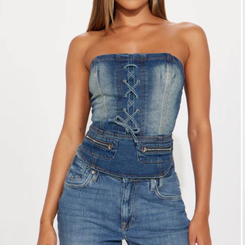 Fashion Nova Denim Lace-Up Strapless Blouse